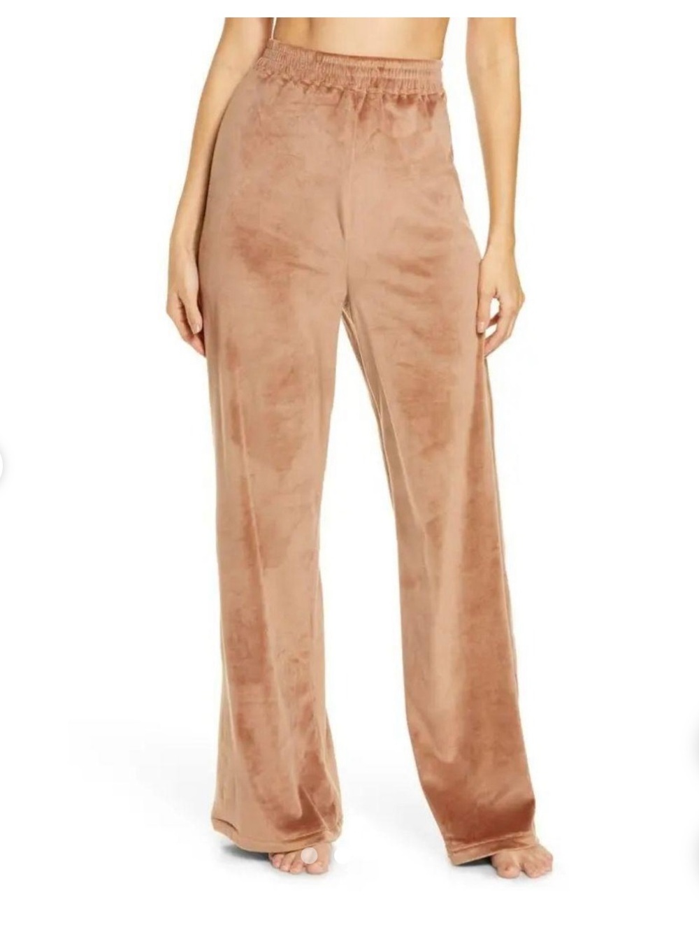 SKIMS Velour Wide-Leg Track Pants in the shade Sienna (a rich, warm chocolate)